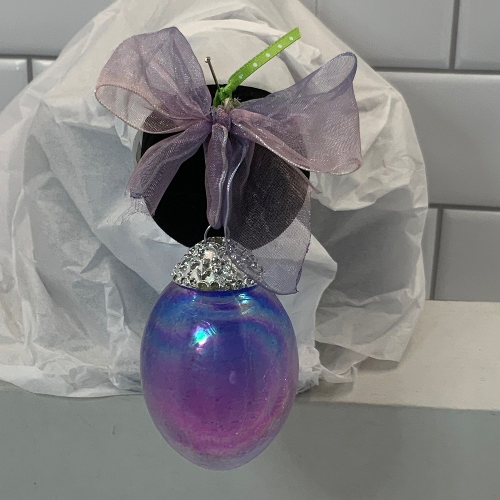 Iridescent Purple Glass Egg Ornament Decorative Cap‎ Organza Bow Easter Holiday